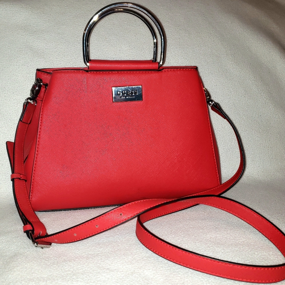 Guess Rowe Crossbody Satchel Purse Handbag in Red with Silver Handware NWT